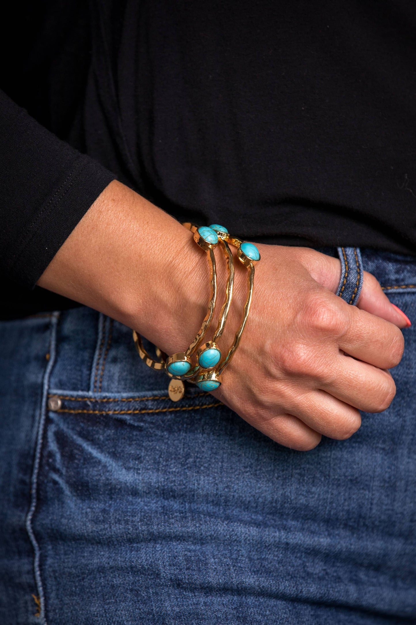 Set/3 Burnished Gold Bangles with TQ Ovals West Co