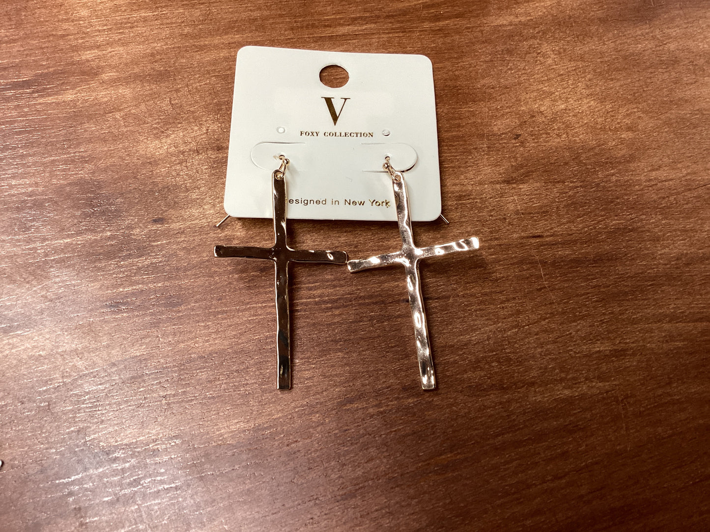 V-hammered gold cross earrings