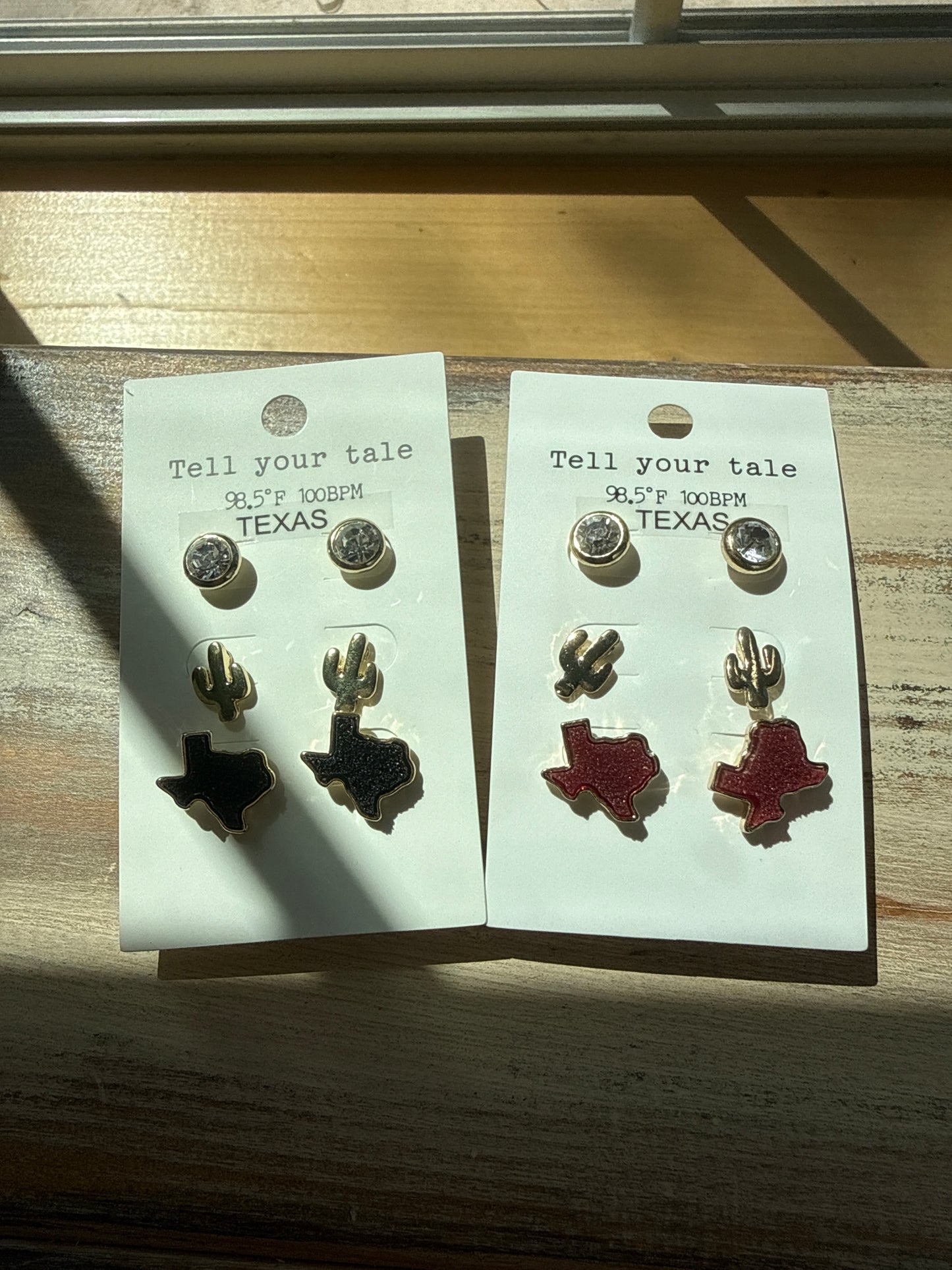 Texas Earring Trio Tell Your Tale ( Cactus, Texas, And Crystal Stud)