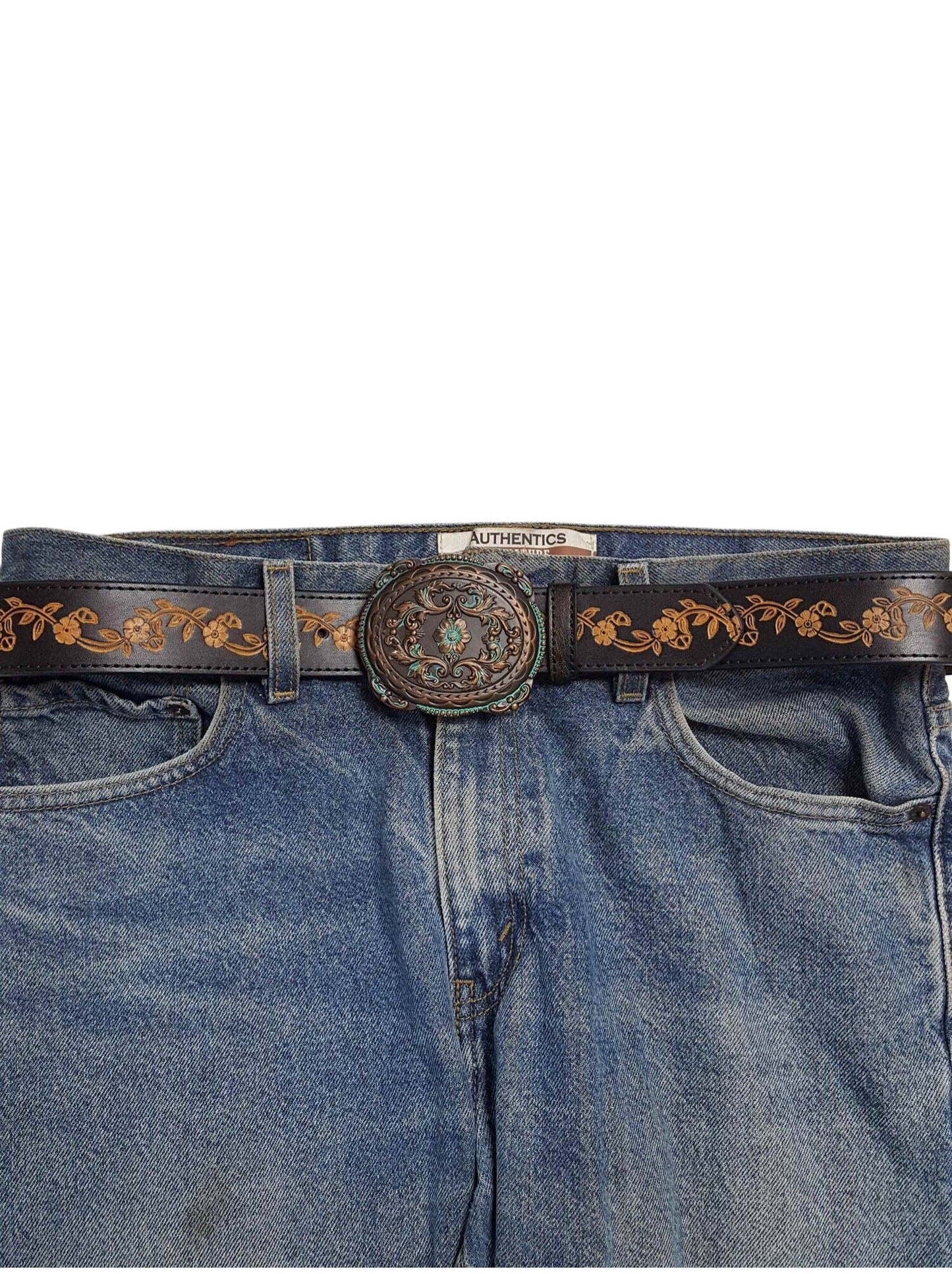 Western Brass/Patina Buckle with Vintage floral tooled belt: Black Axesoria