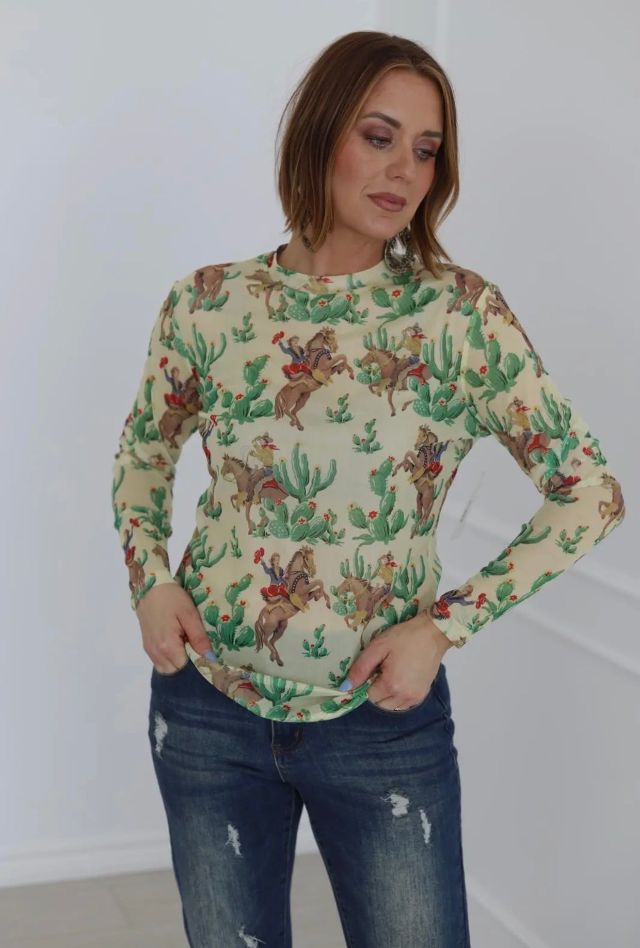 Retro Cactus Cowboy Mesh Top TH
