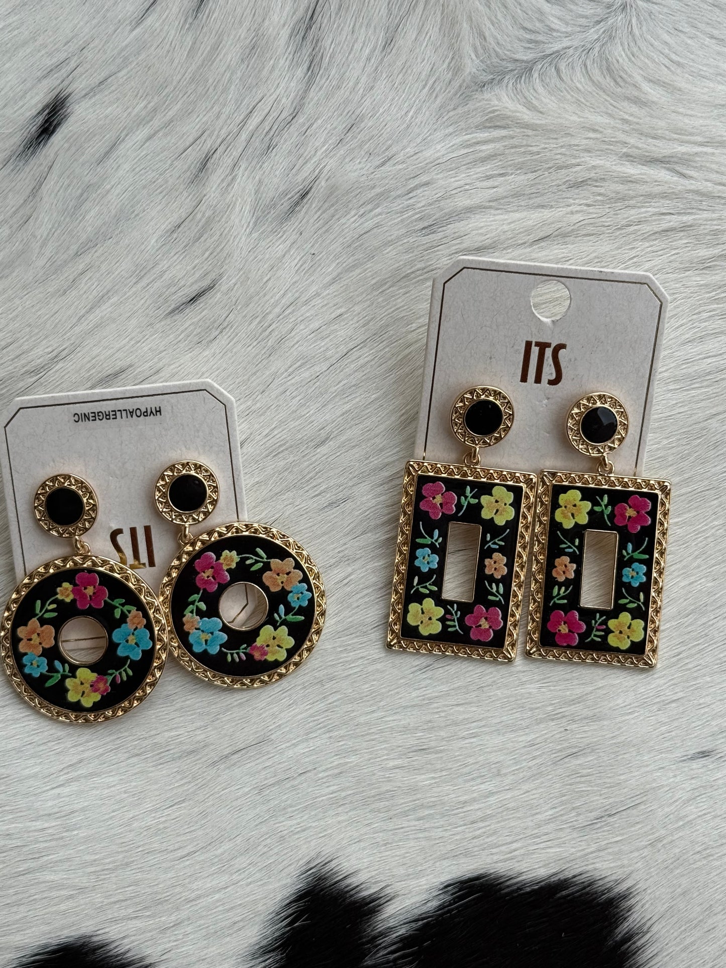 Black And Gold Floral Earrings Round or Rectangle ITS