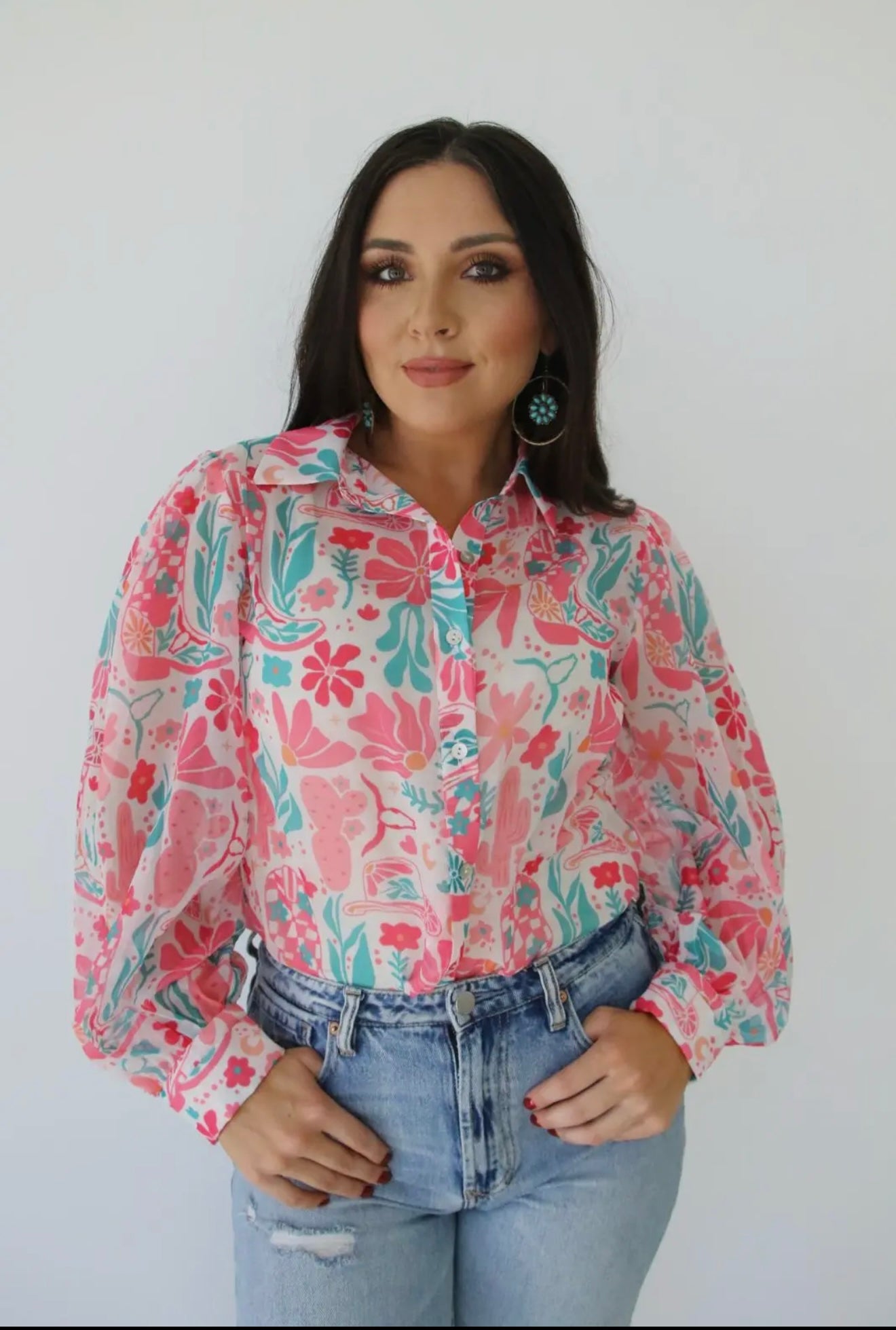 Sheer Western Floral Boho Boot Blouse TH