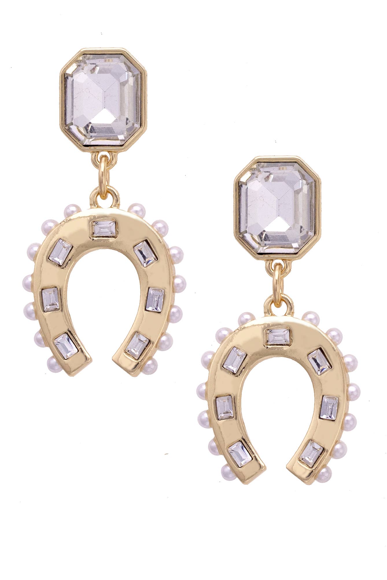Rhinestone Cowgirl Horseshoe Earrings in Shiny Gold