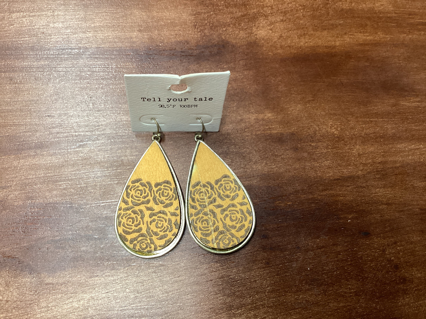 Gold wood with rose design earrings