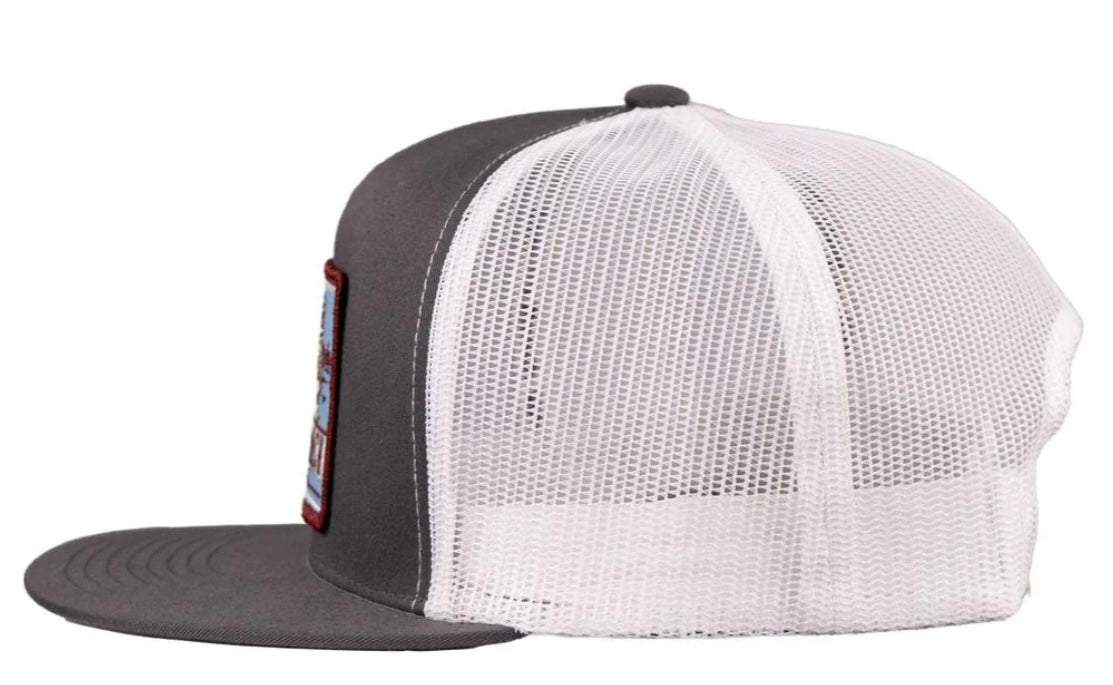 LAZY J RANCH GREY WHITE BULL TRAP PATCH CLASSIC FIVE PANEL TRUCKER HAT