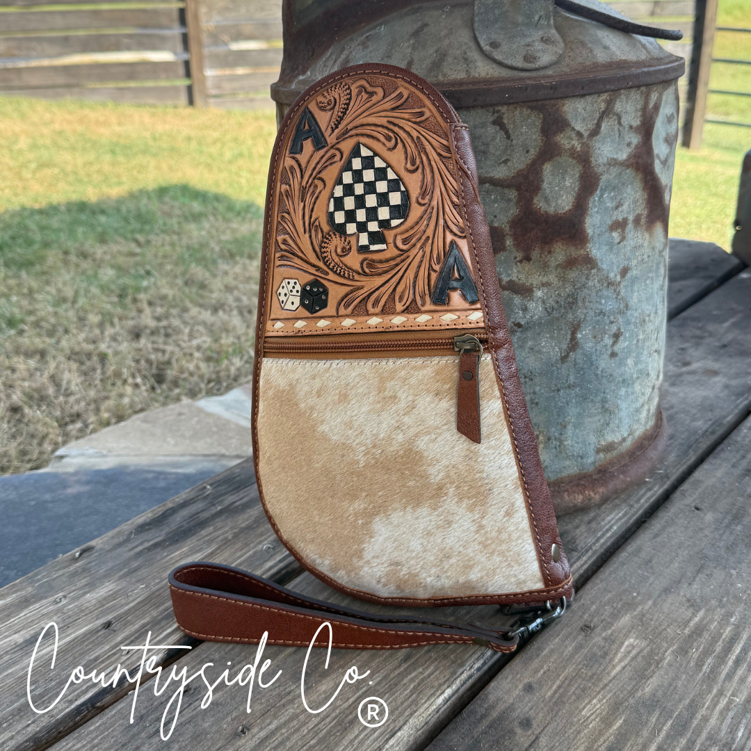 Hand Painted Tooled Leather and Cowhide Carry Case countryside
