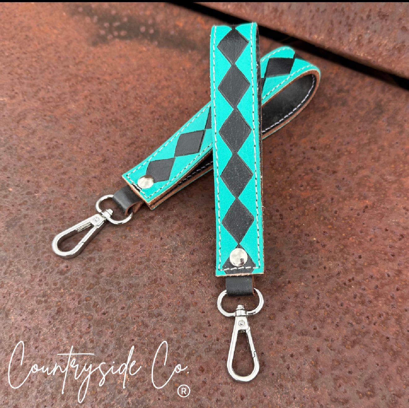 Checkered Leather Keychain Wristlet Black/ White or Turquoise Texas Western Cowhide