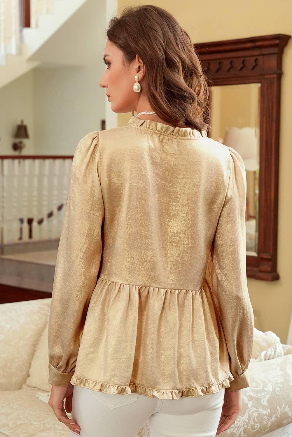 Metallic Frilled V Neck Puff Sleeve Babydoll Blouse: Gold 1 the Woman