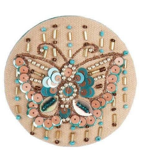 Butterfly Glow Hand Embroidered & Bead Compact Mirror: Natural