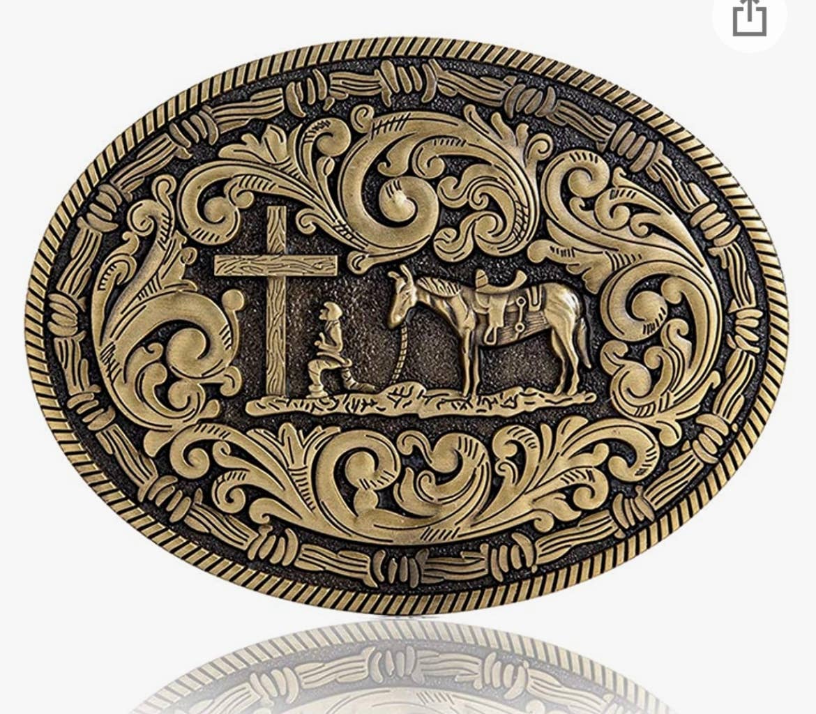 BRONZE Praying Cowboy Belt Buckle Simple