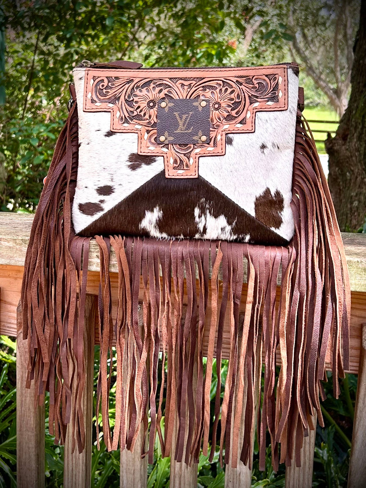 Upcycled LV Cowhide Leather Fringe Crossbody Bag Western southern Junkie