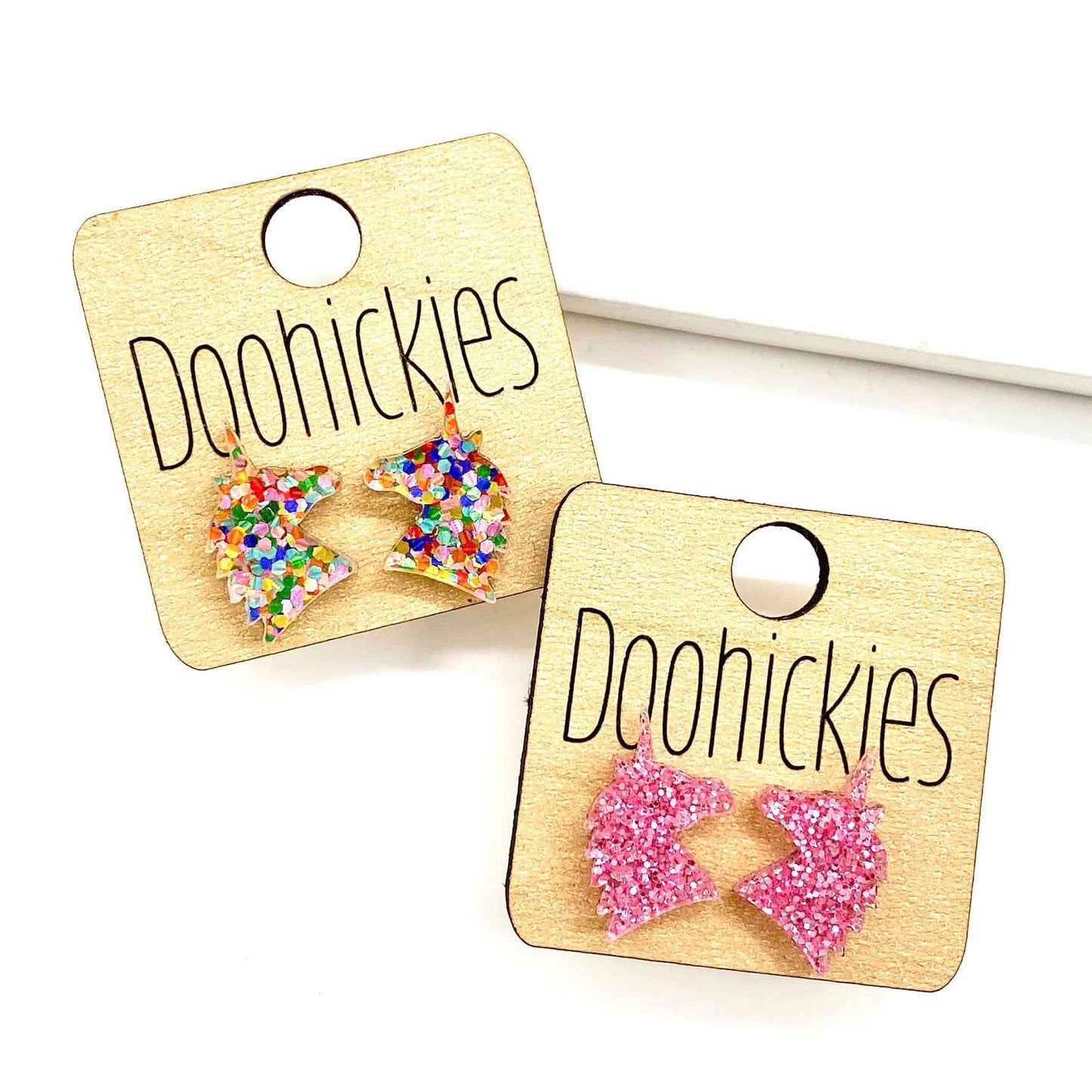 Glittery Unicorn Studs - Acrylic Earrings: Pink Doohickie