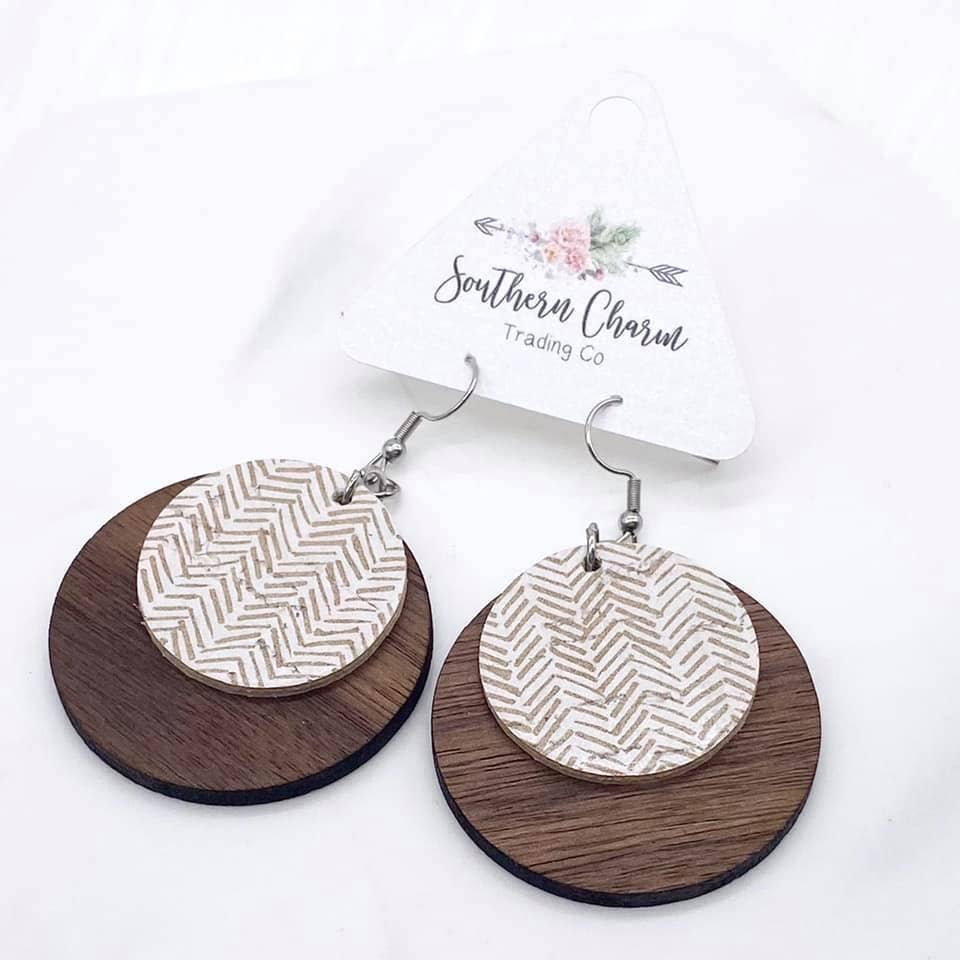 The Boho Ella Collection -Boho Earrings: Sand Chevron (wood & cork) Doohickie