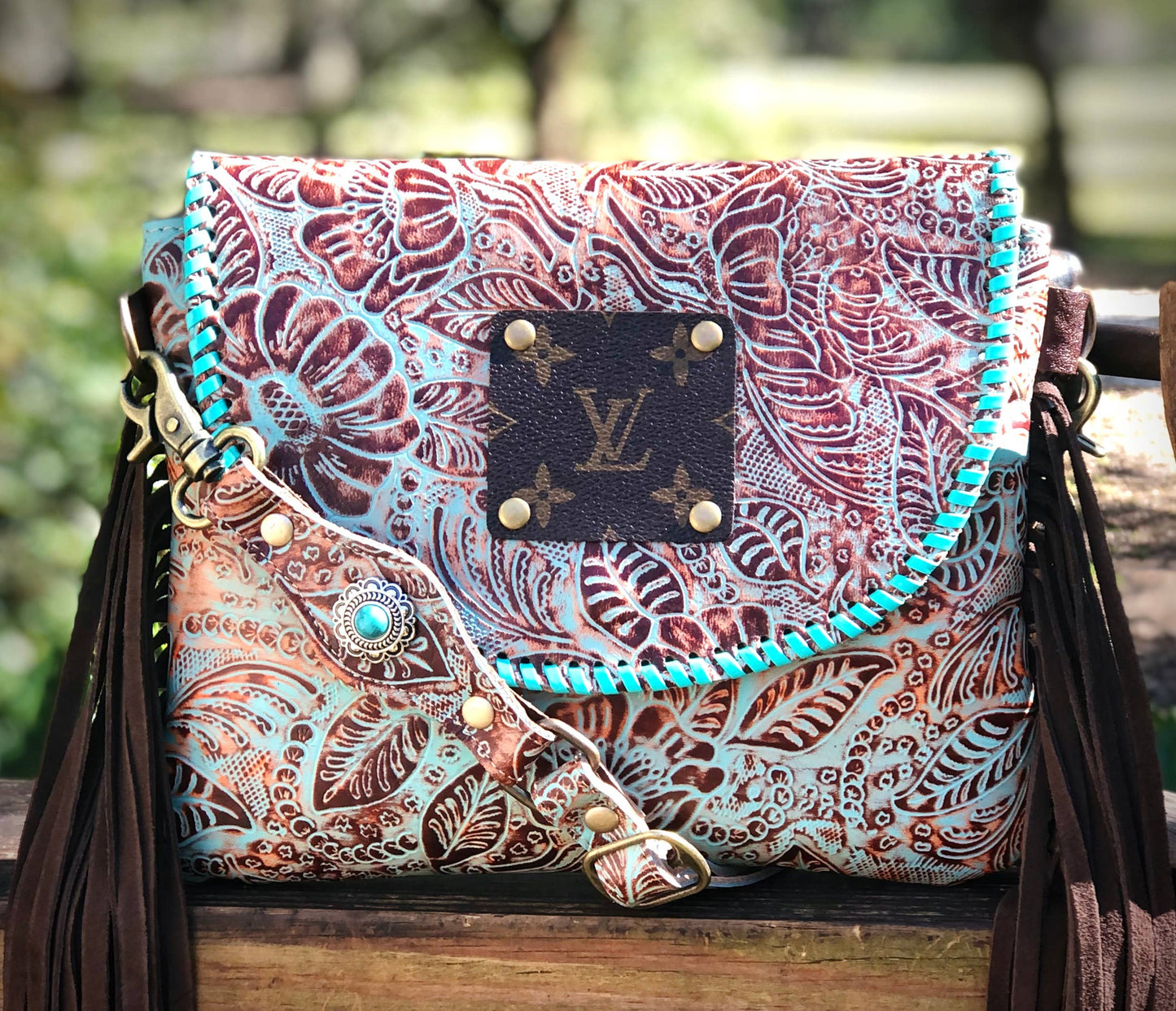 Upcycled LV Leather Fringe Crossbody Bag Western Boho Southern Junkie