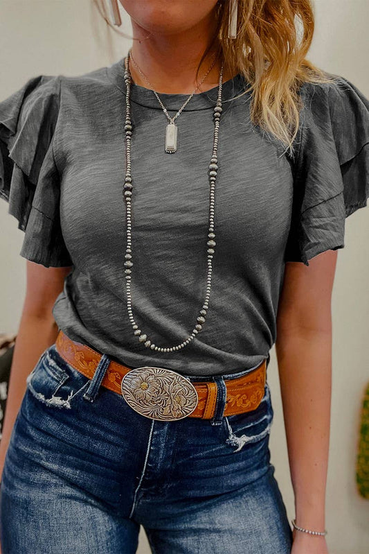 Western cowgirl ruffle flutter short sleeve round neck tee: Grey Ross