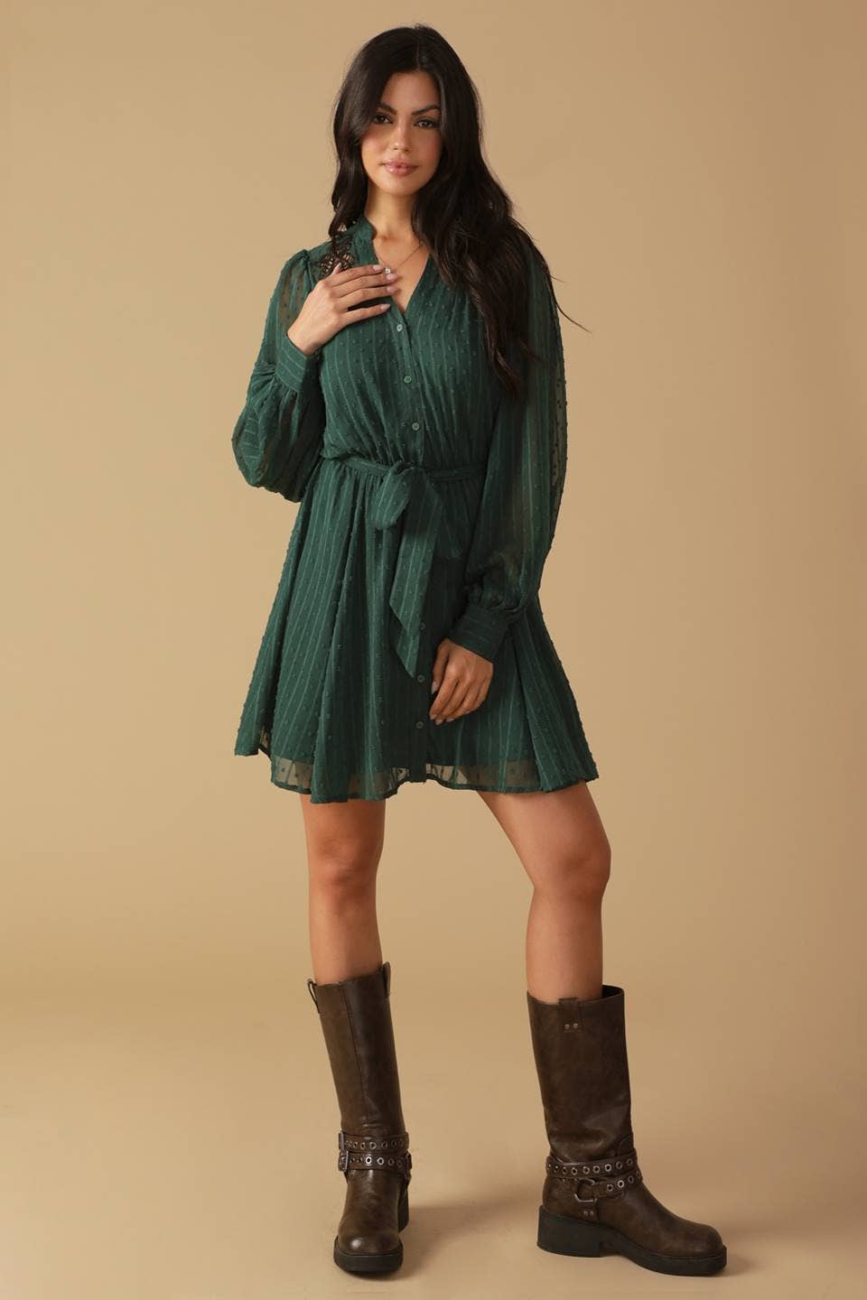 A textured woven mini dress - ID21669: HUNTER GREEN / Contemporary Flying Tomato