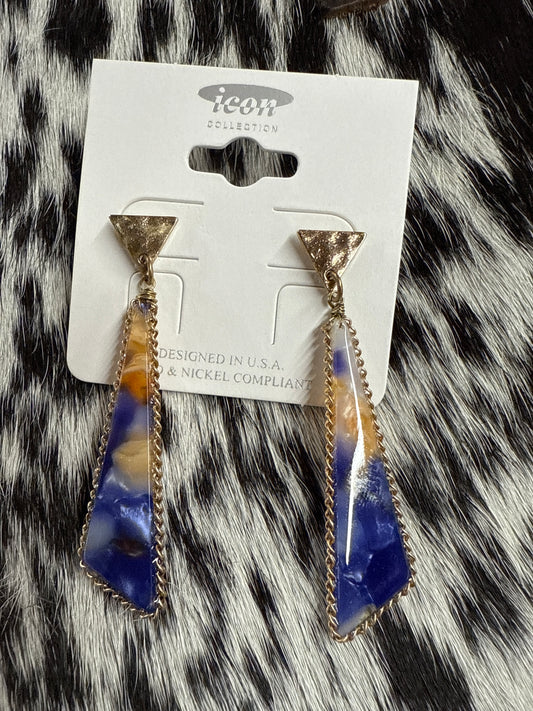 Blue orange, gold, and white abstract earrings