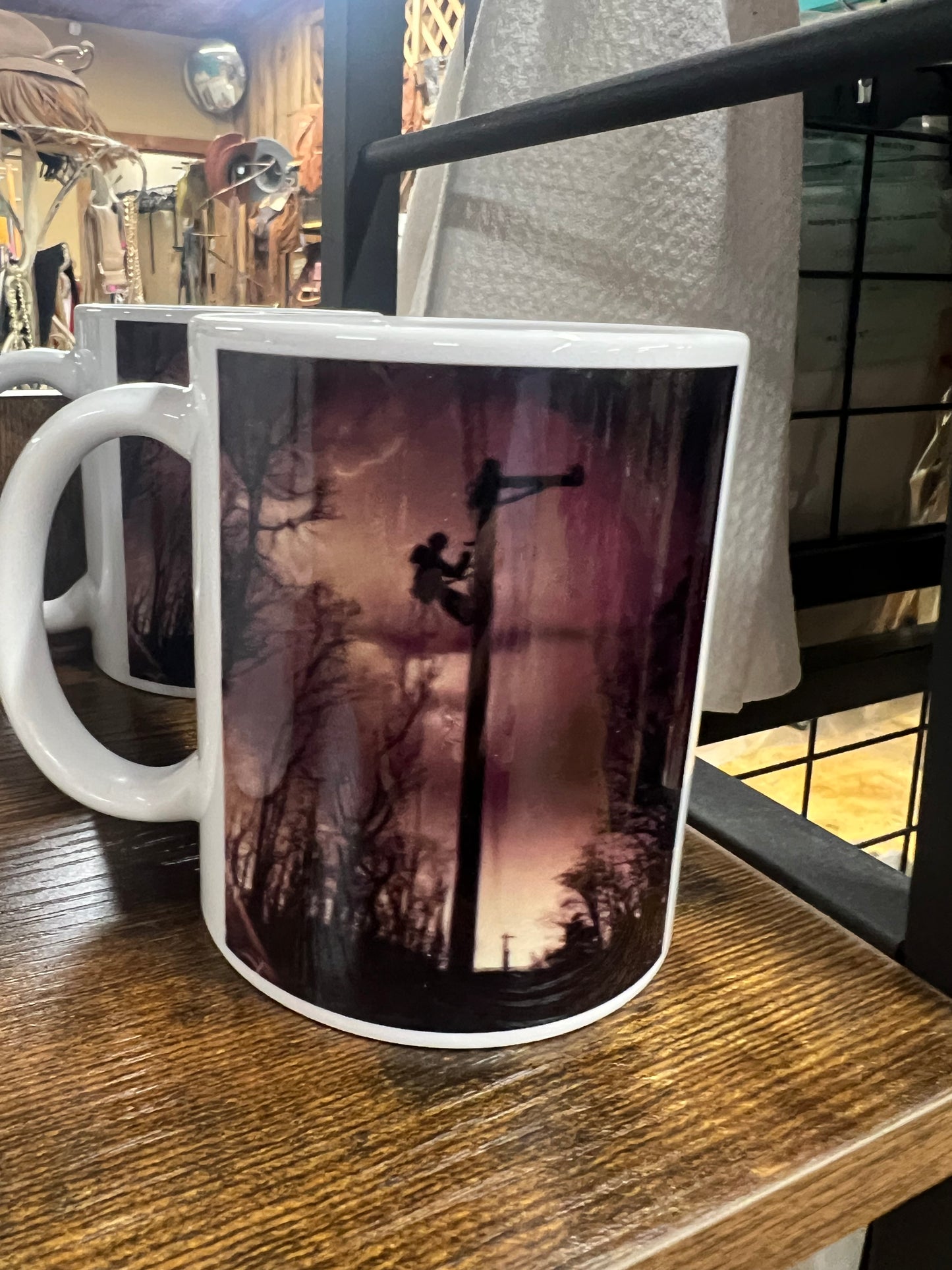 Lineman after hours in storm coffee mug