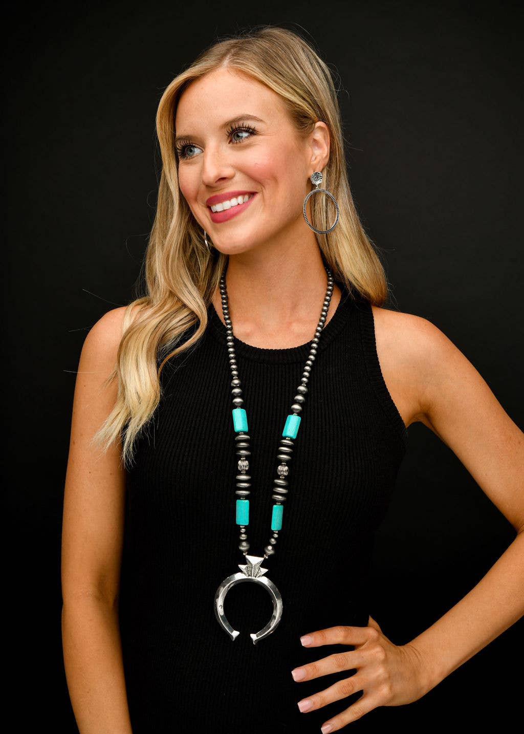 32" Faux Navajo Pearl & Turquoise Necklace w/ Naja Pendant West co