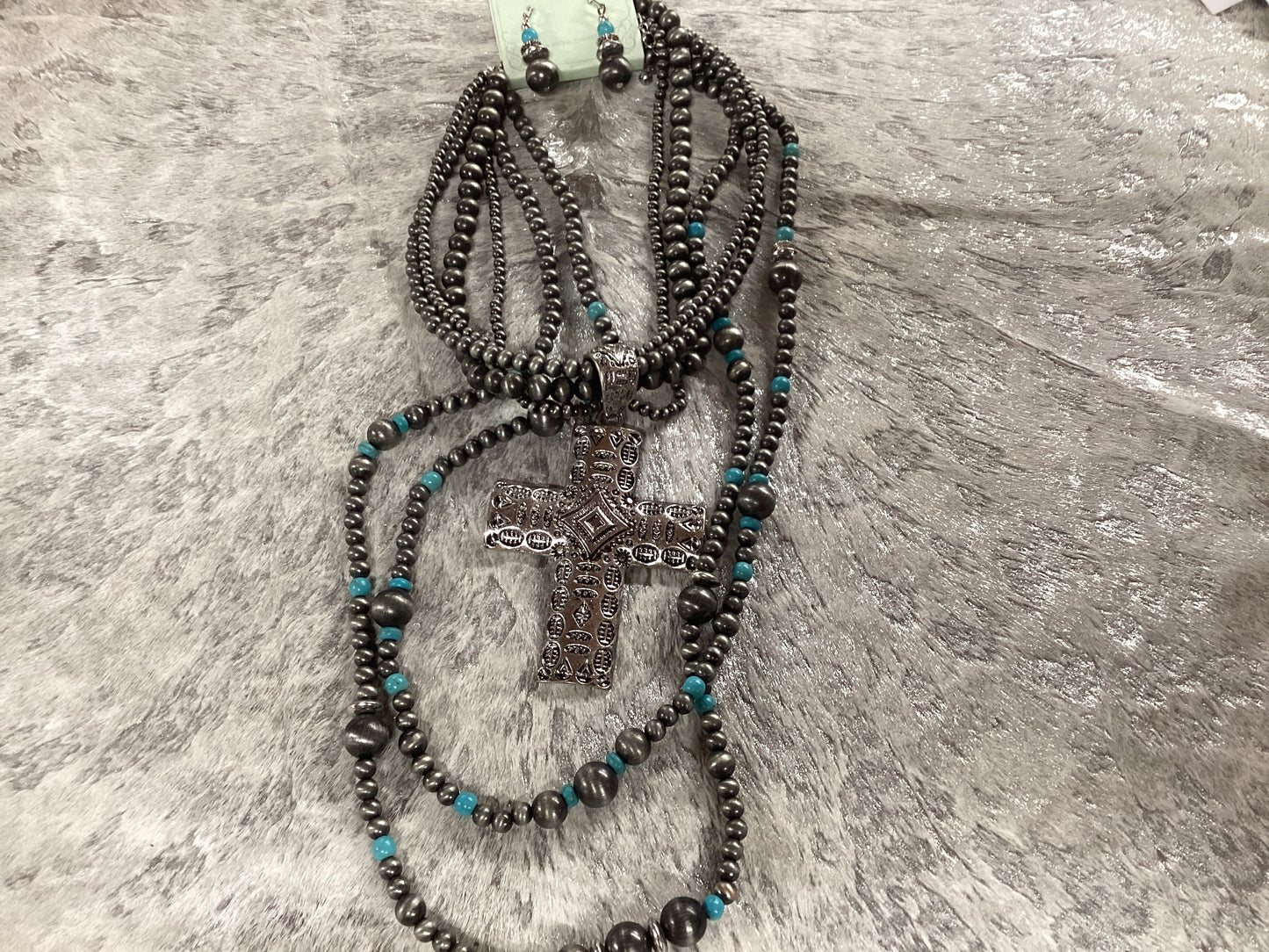 Silver cross necklace with turquoise