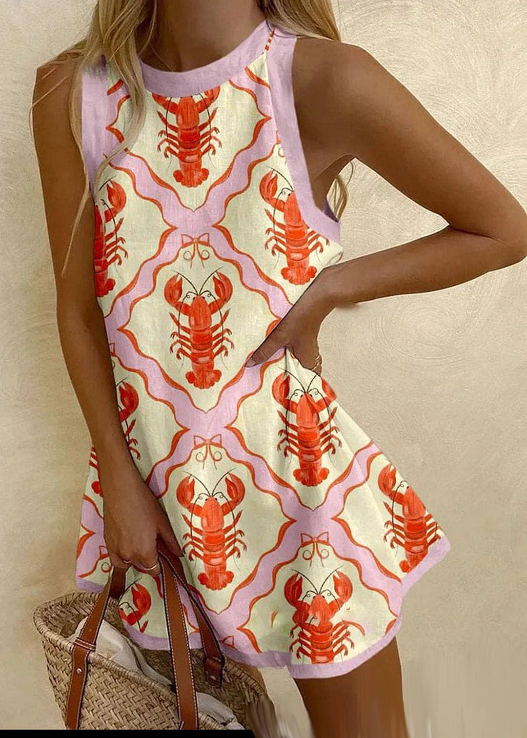 Unique lobster print sleeveless loose mini dress: White Rosa