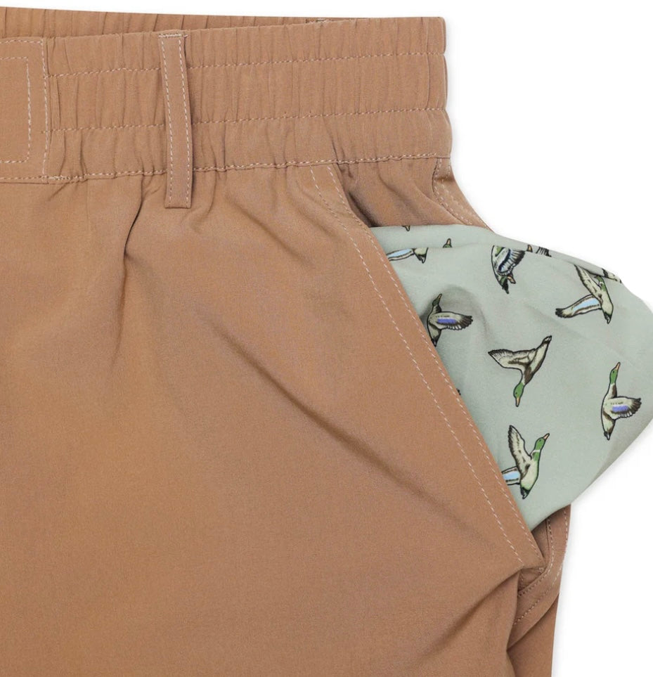 Desert Tan Everyday Shorts with Green Flying Duck Pocket 7” Original Burlebo