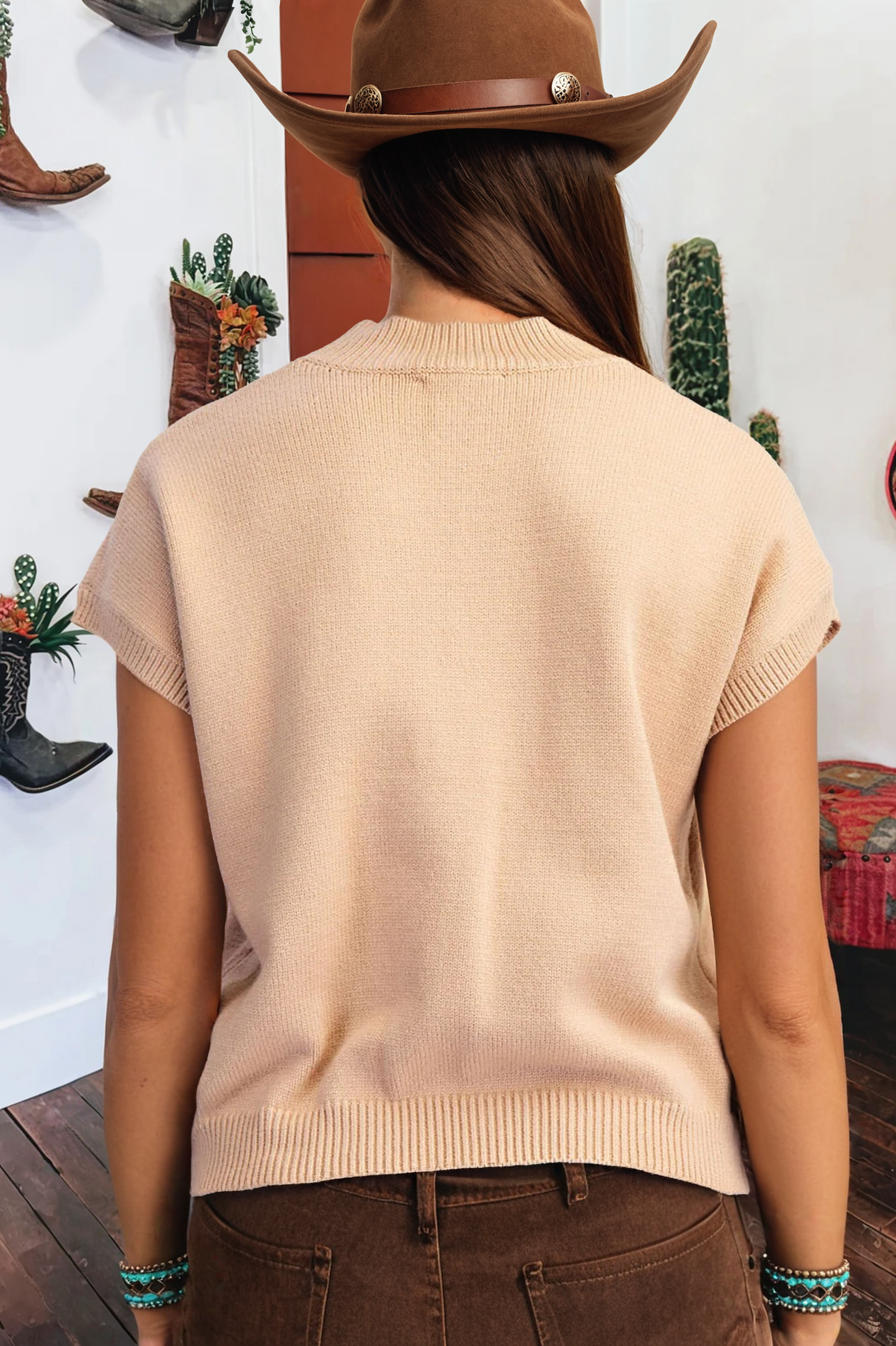 Western Print Stand Neck Short sleeve Knit Horseshoe Sweater: Parchment FW