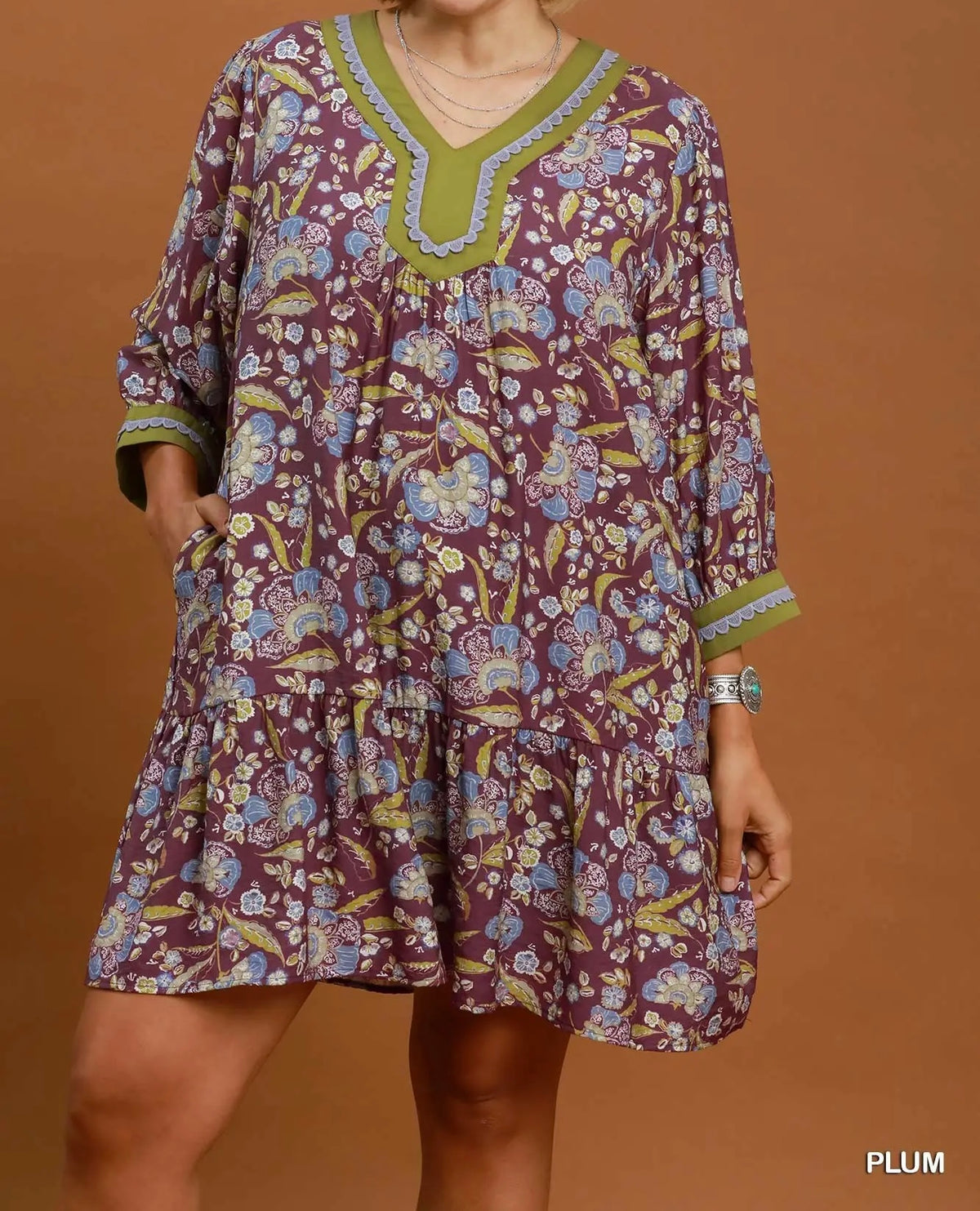 The Sheila Floral Contrast Trim Tiered Boho Dress Umgee