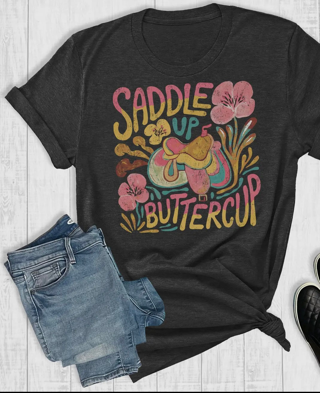 Western Saddle Up Buttercup Graphic Tee: Charcoal Short Sleeve