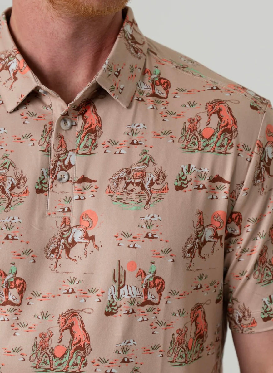 Cowboy Up Khaki Performance Polo Burlebo