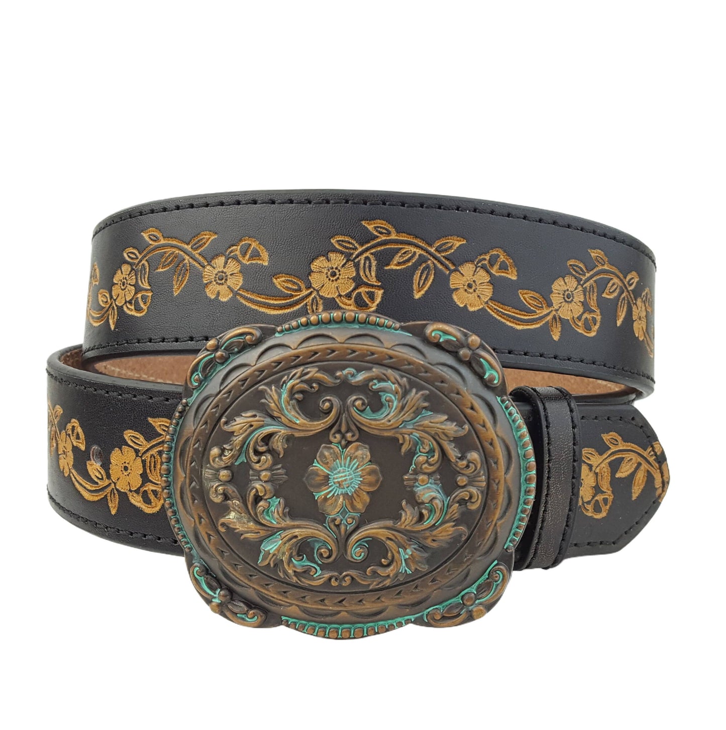 Western Brass/Patina Buckle with Vintage floral tooled belt: Black Axesoria