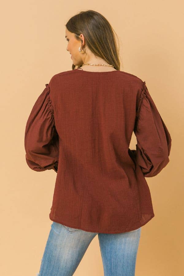 A textured/eyelet combination woven top -LT1150: BURGUNDY Flying Tomato