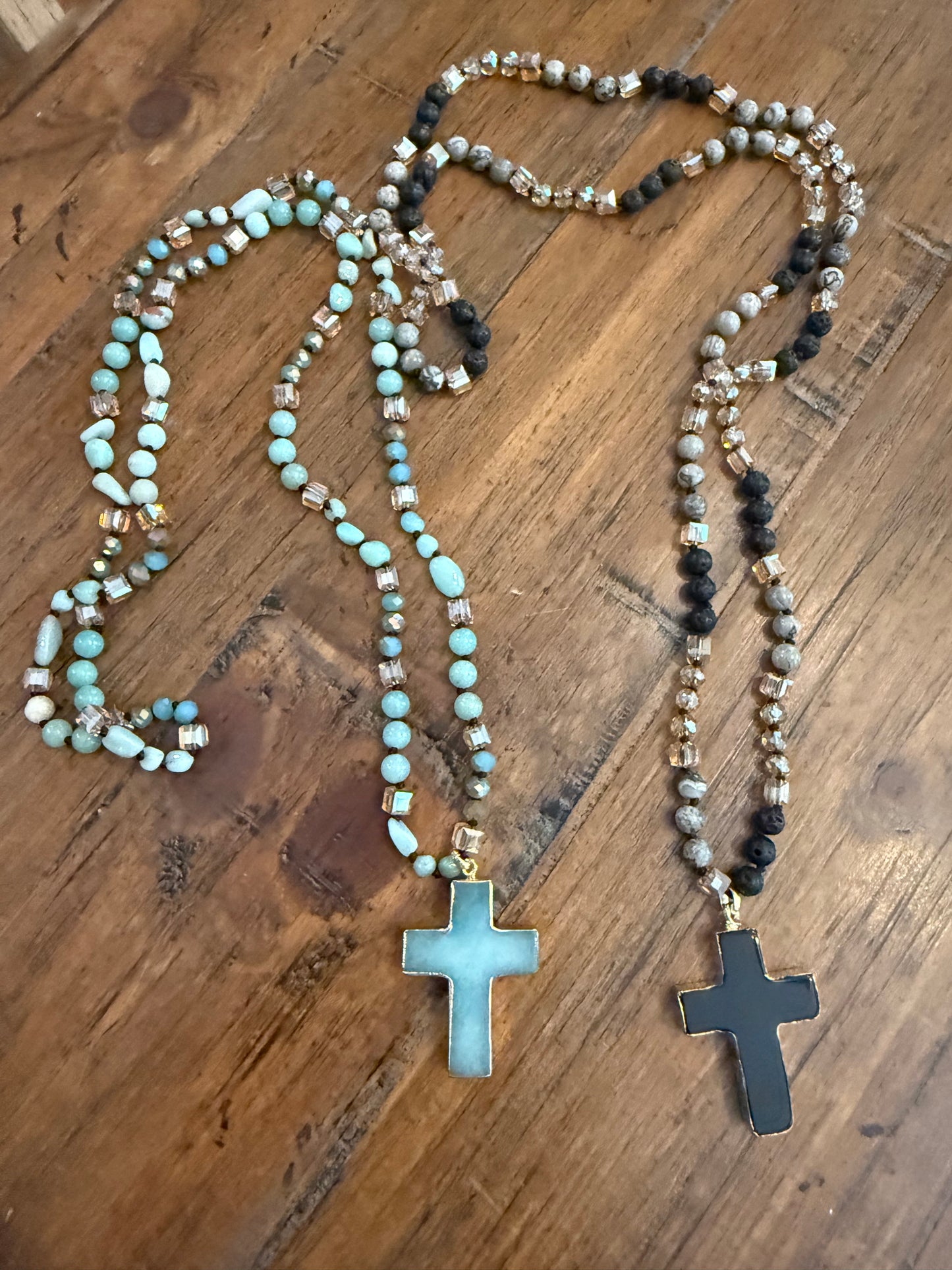 Natural Stone knotted Necklace. Cross or Oval
