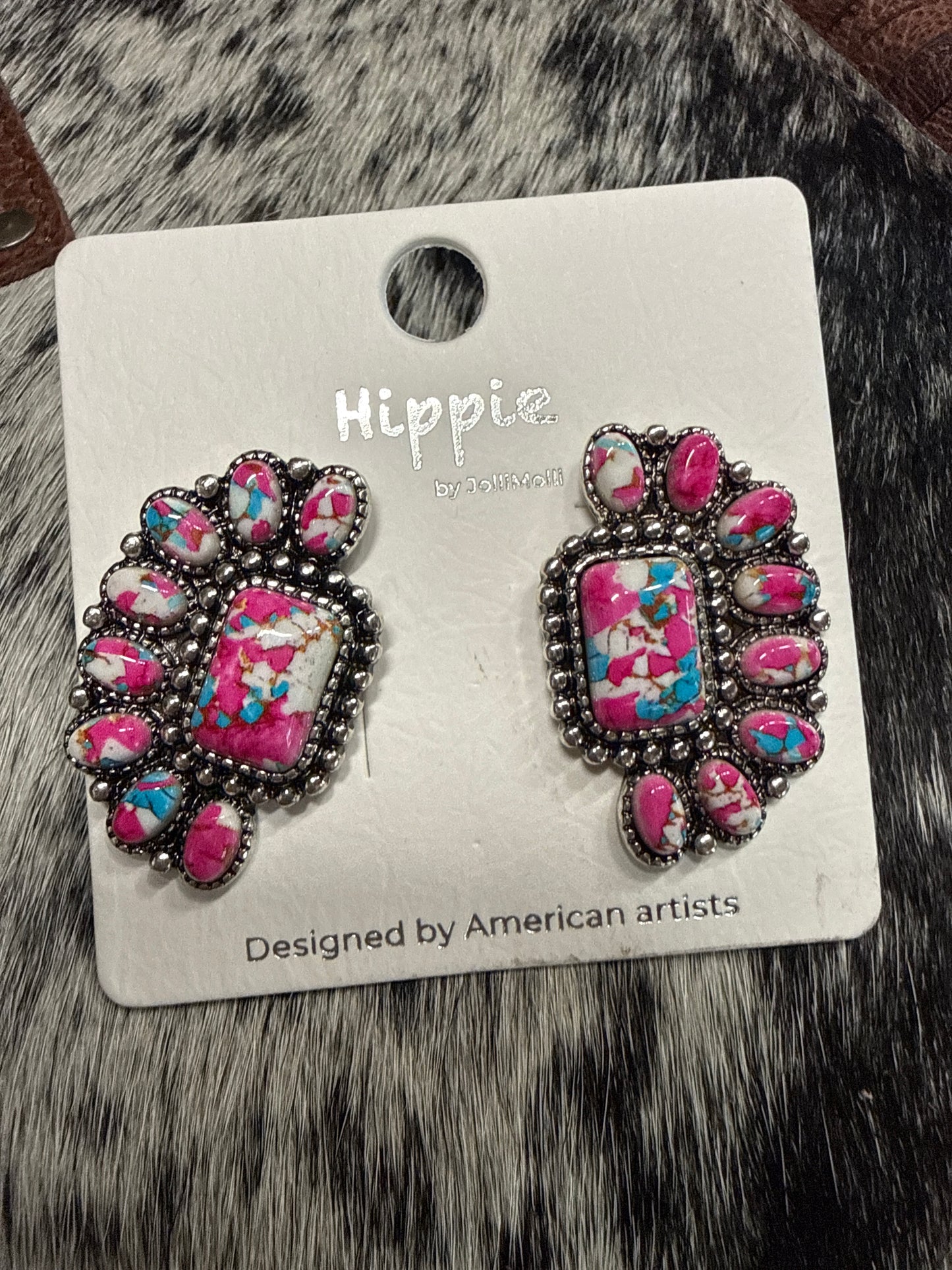 Pink and turquoise, hippie stud, earrings, rectangle, and half flower