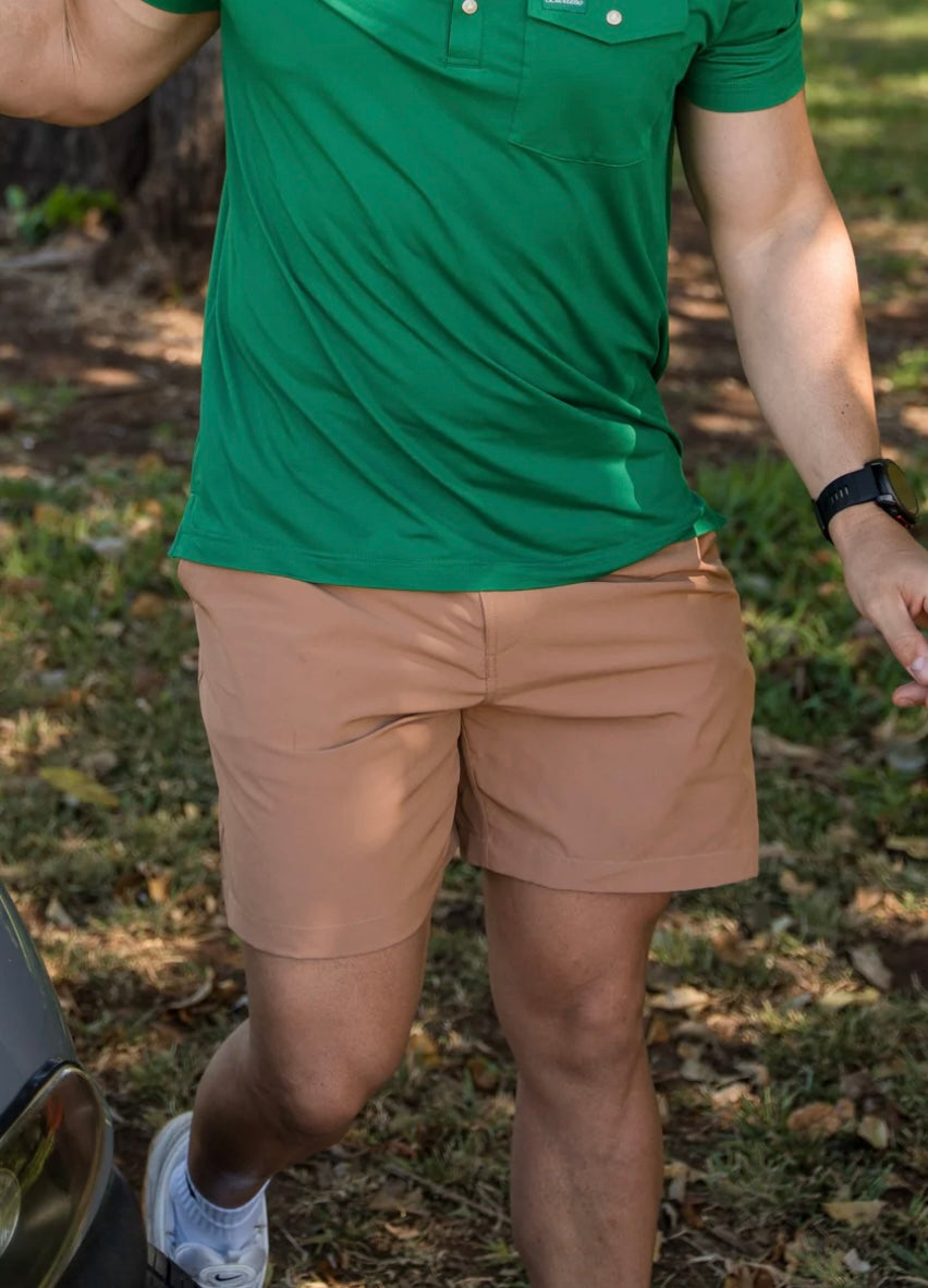 Desert Tan Everyday Shorts with Green Flying Duck Pocket 7” Original Burlebo