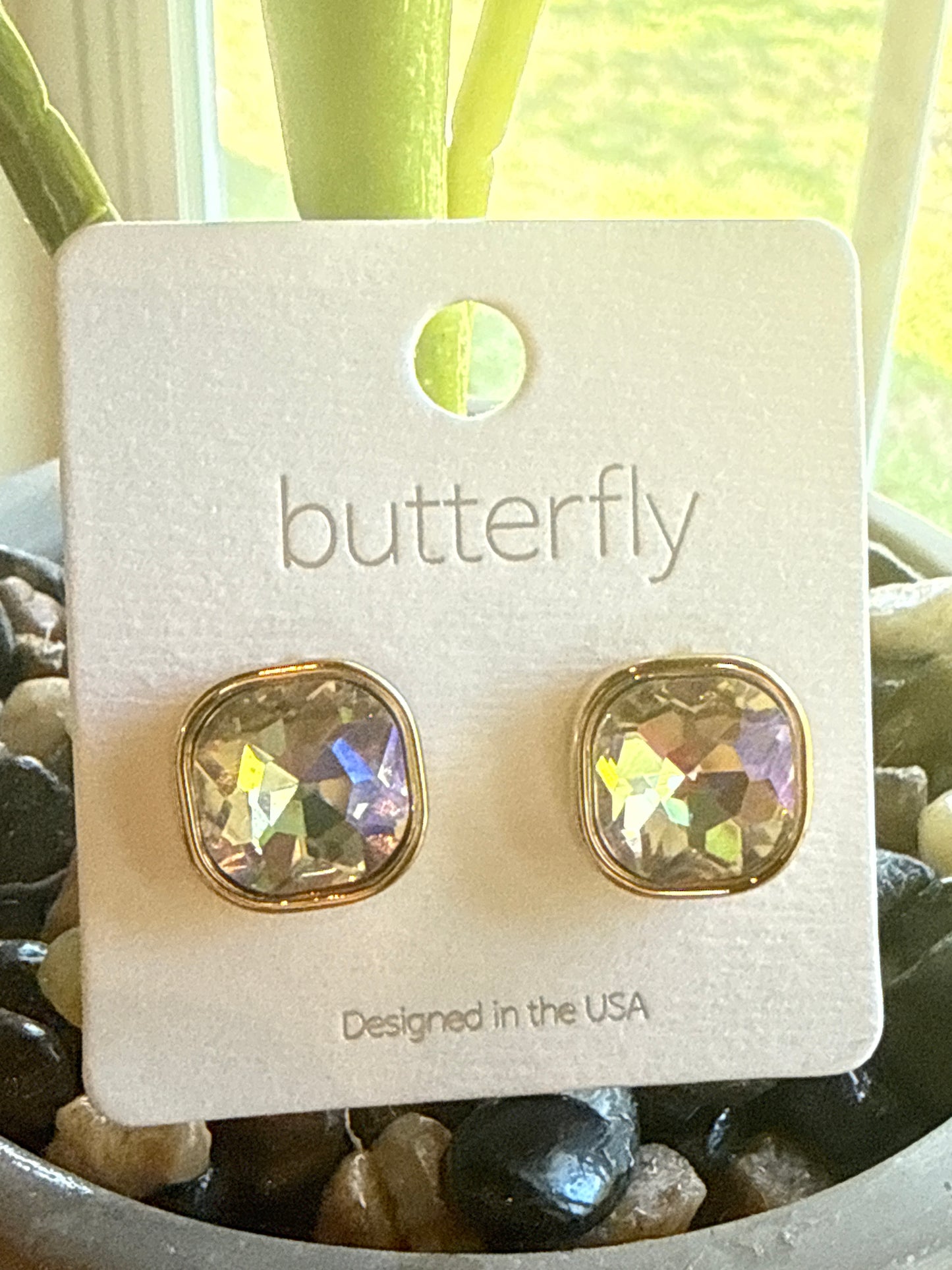 Square Crystal and Gold Tone Earrings by Butterfly