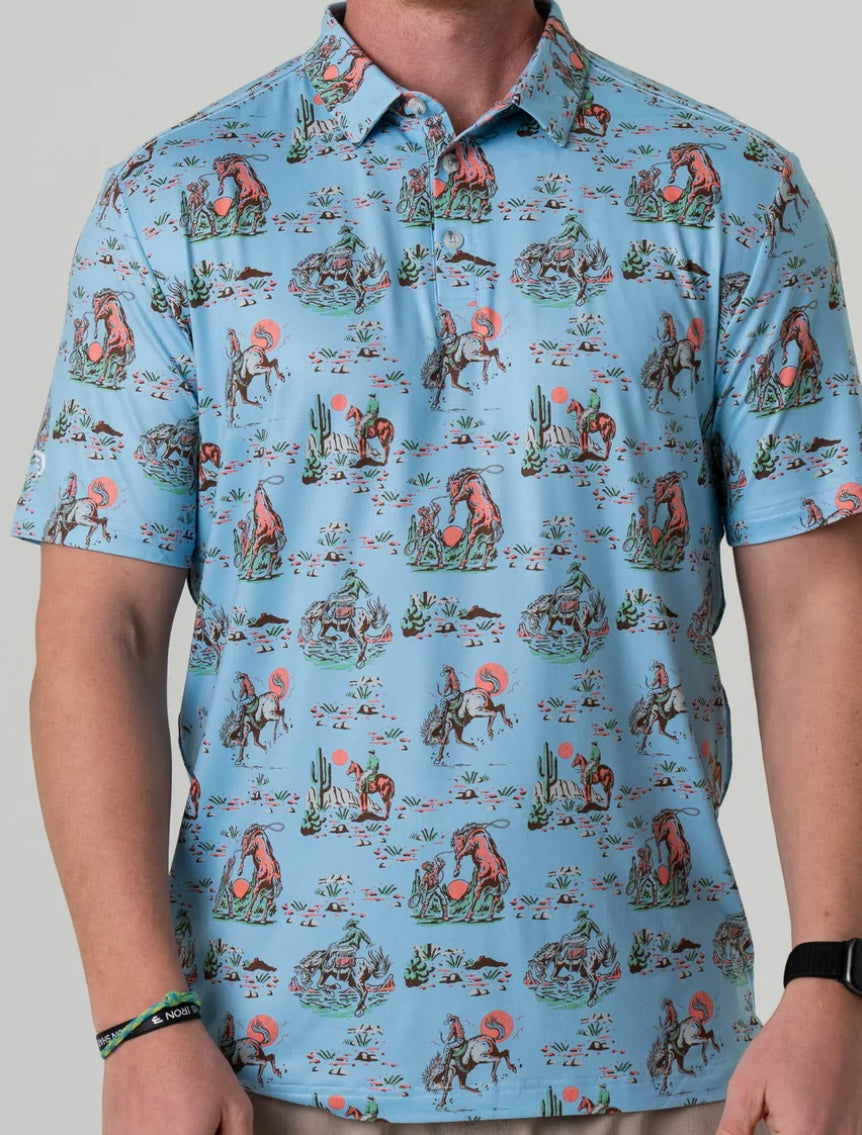 Cowboy Up Blue Performance Polo Burlebo