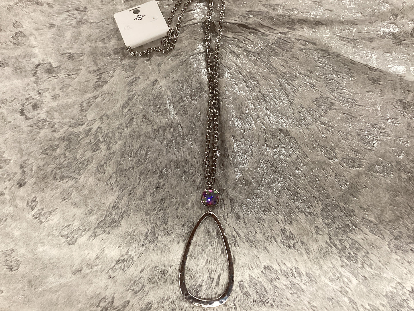 Silver teardrop pendant with rhinestone on silver chain