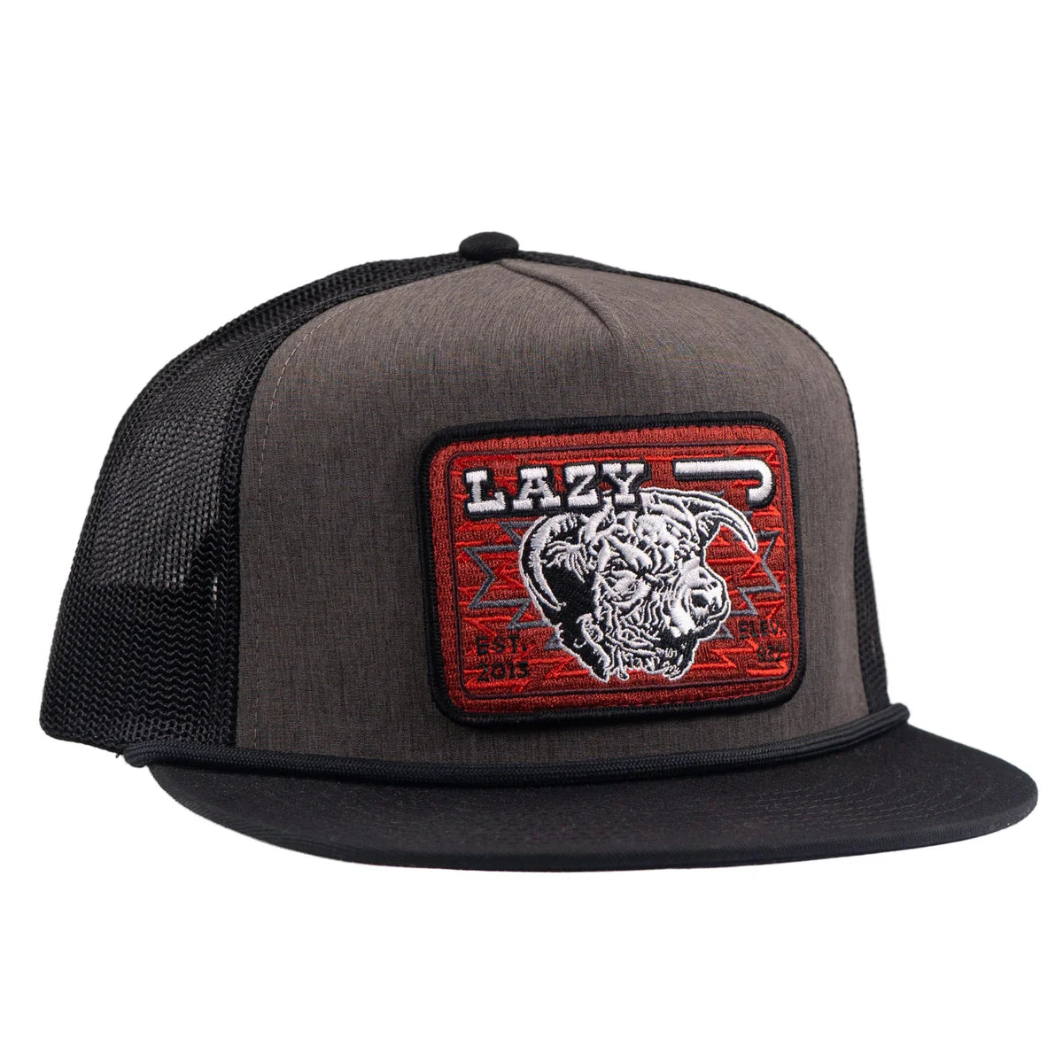 LAZY J RANCH CHARCOAL GREY & BLACK RED COWPOKE CLASSIC FIVE PANEL TRUCKER HAT