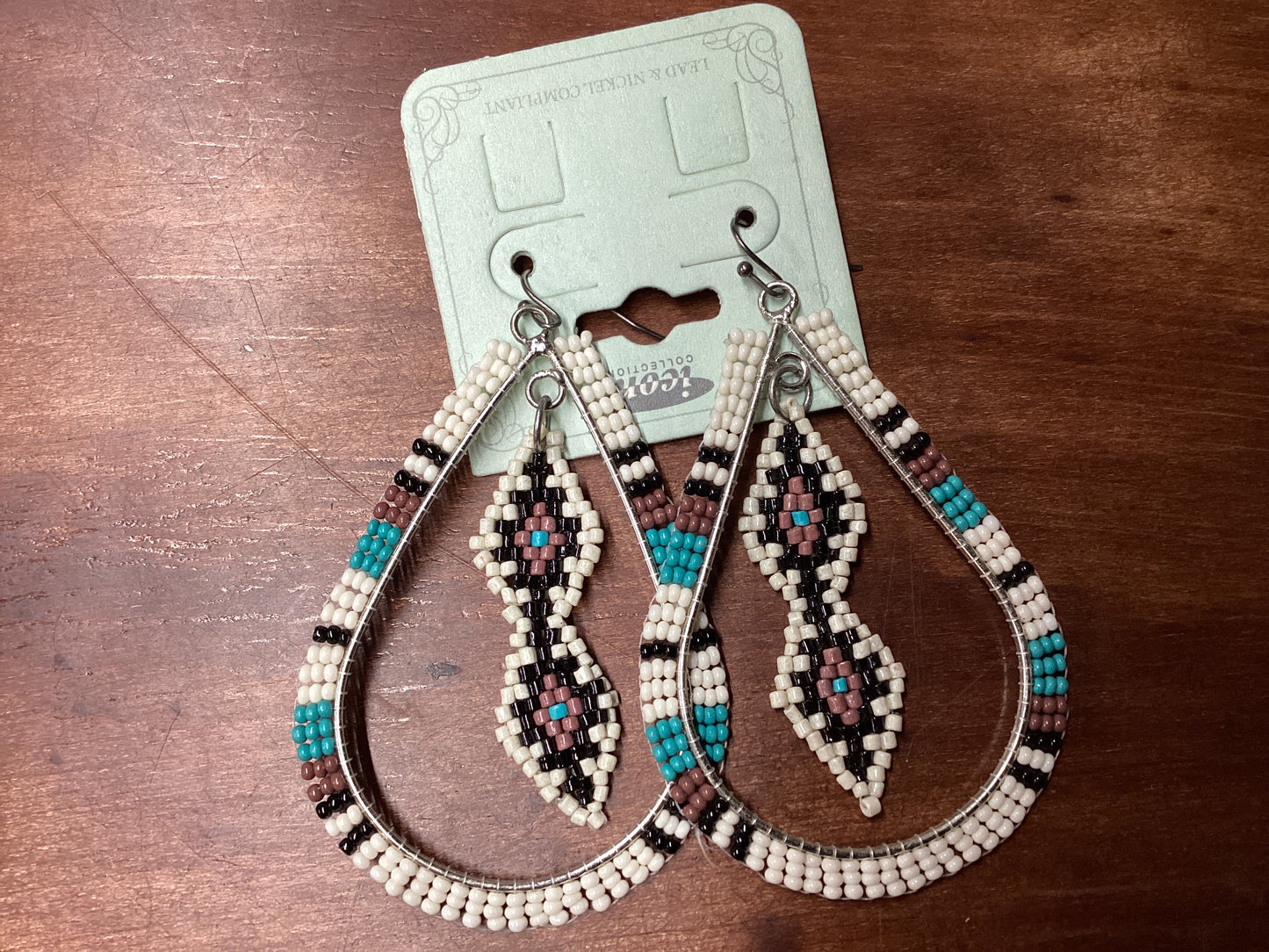 Turquoise, black, white seed bead earrings