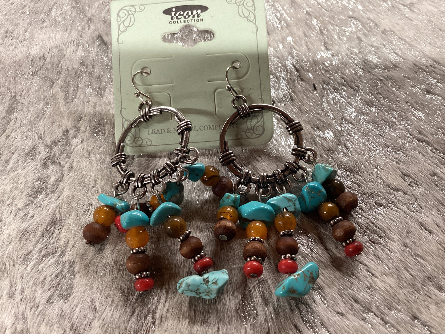 Silver loop earrings w/turquoise,brown bead dangle