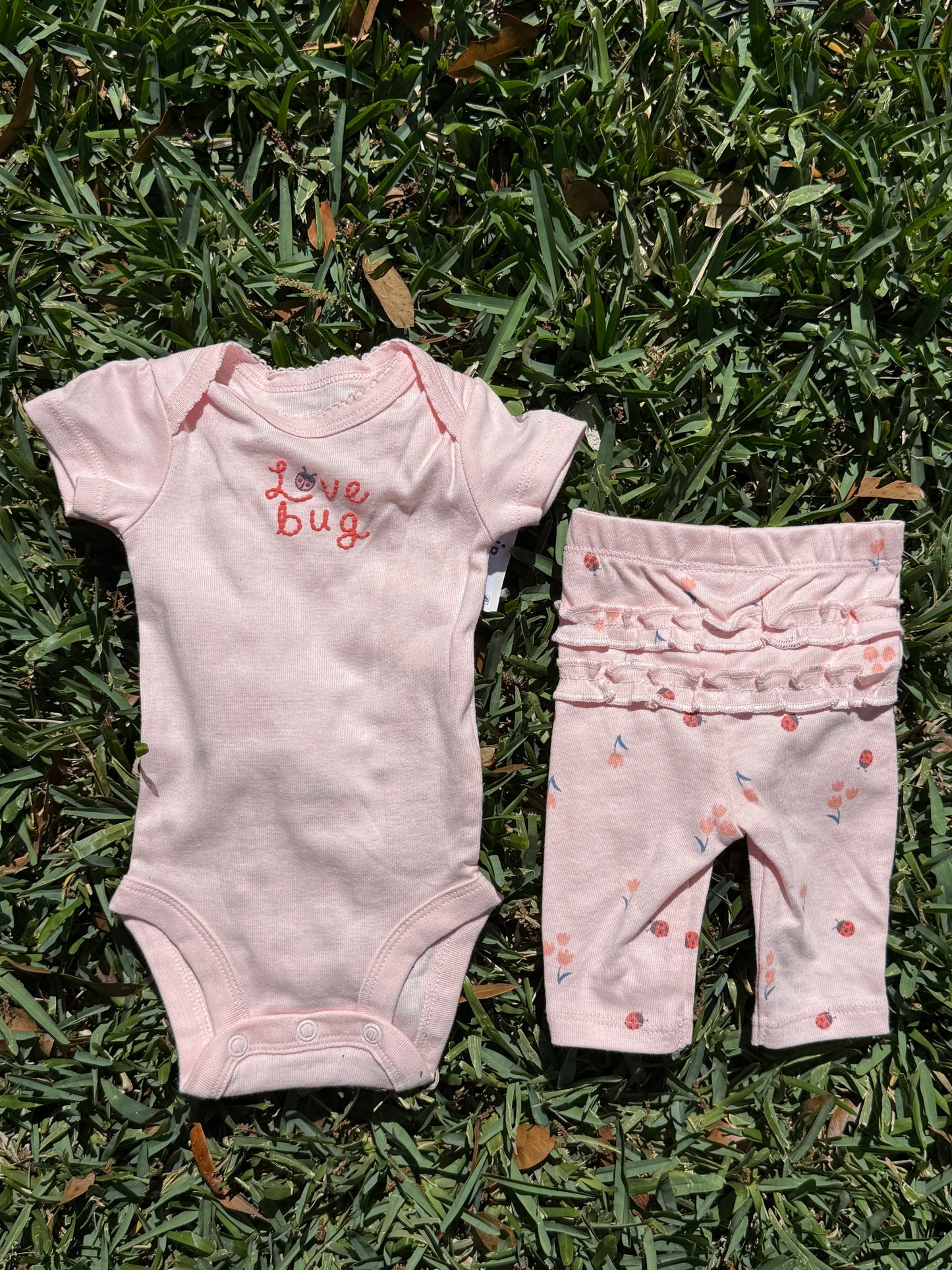 Love Bug Carters Two Piece onesie and Ruffle Bottom pants outfit