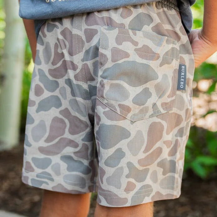 Classic Deer Camo Youth Athletic Shorts with Grey pocket and Waistband