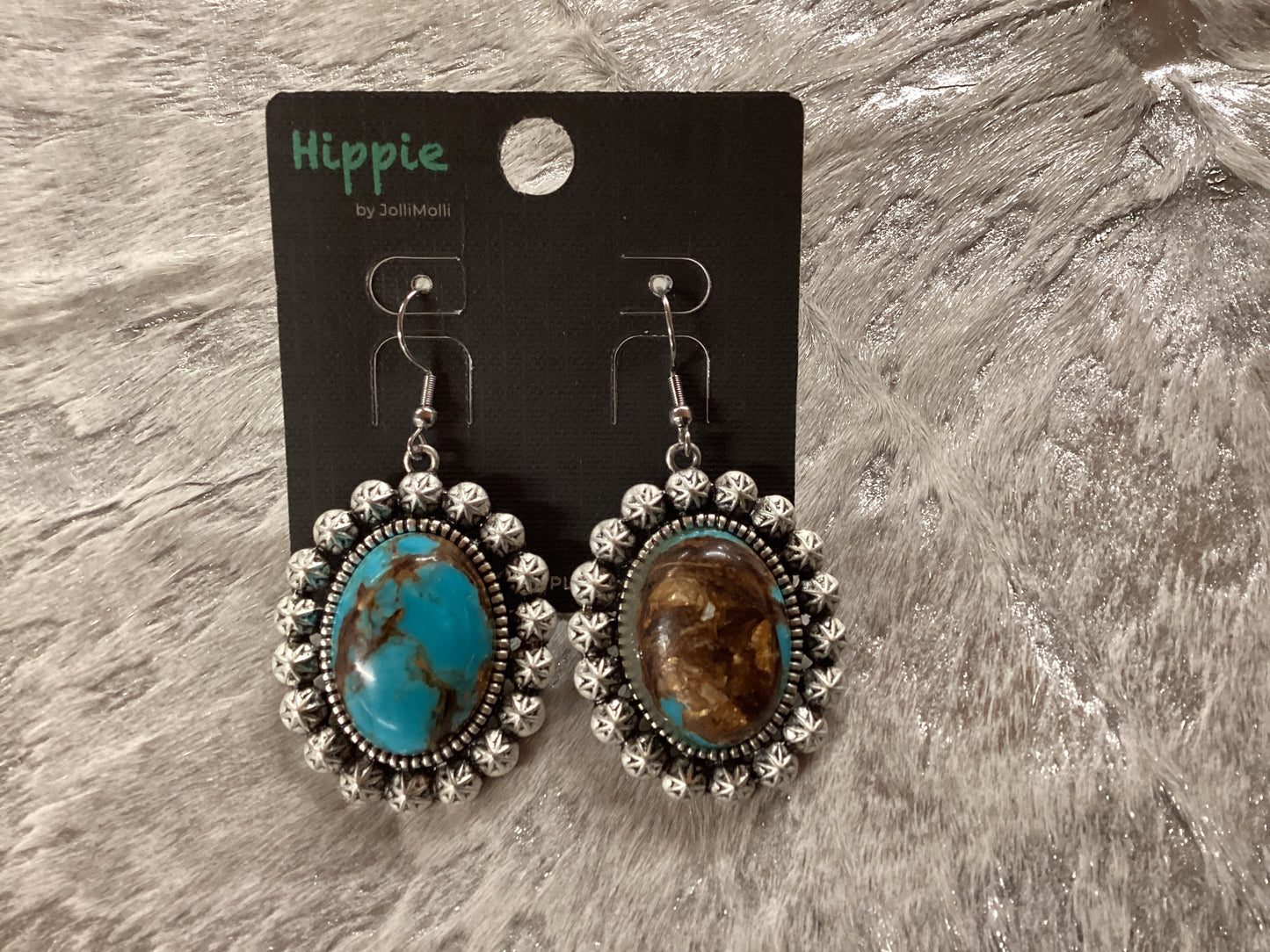 Silver Concho oval turquoise earrings