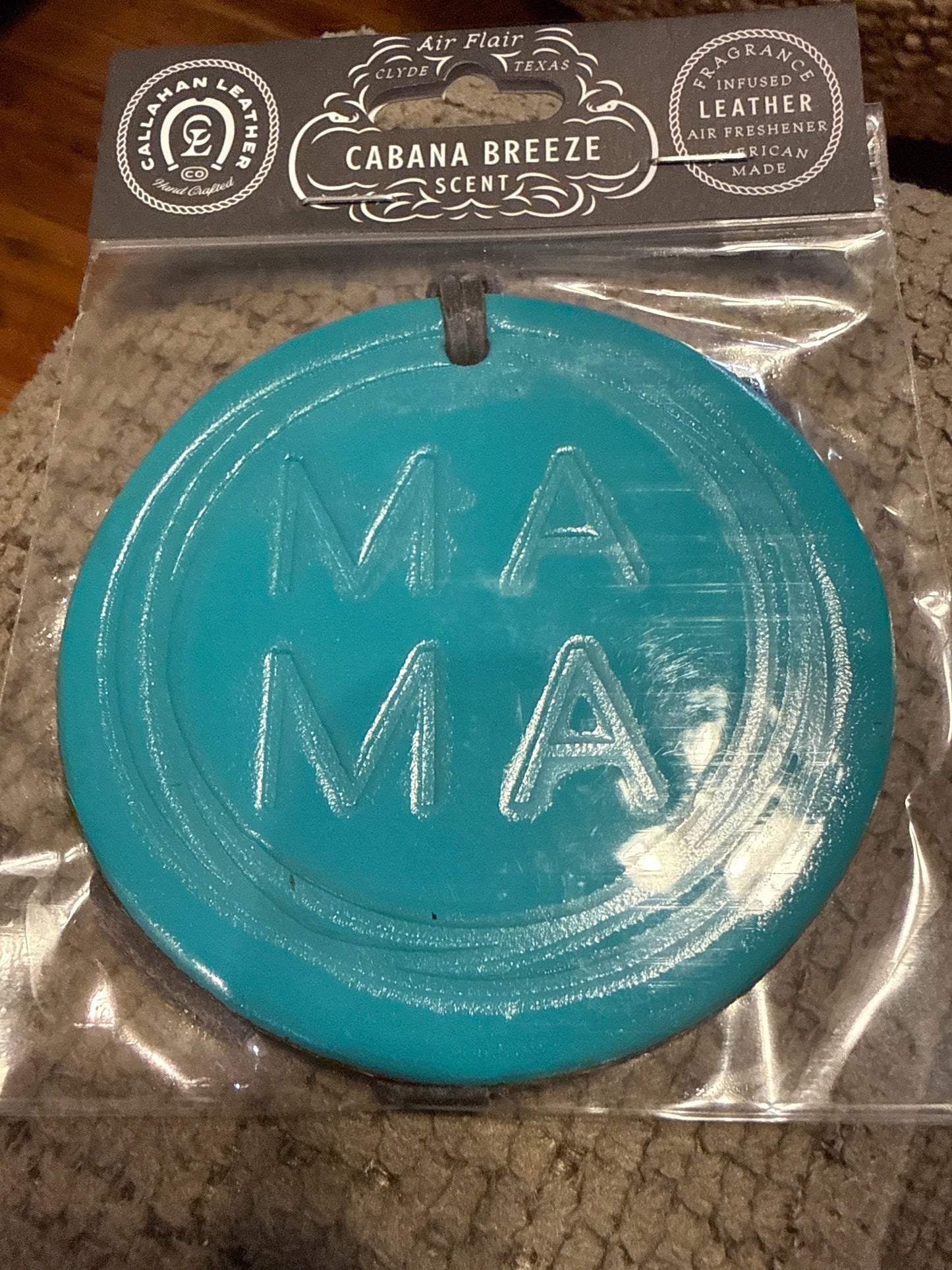 MAMA Turquoise Leather Car Freshie / Cabana Breeze Scent Callahan