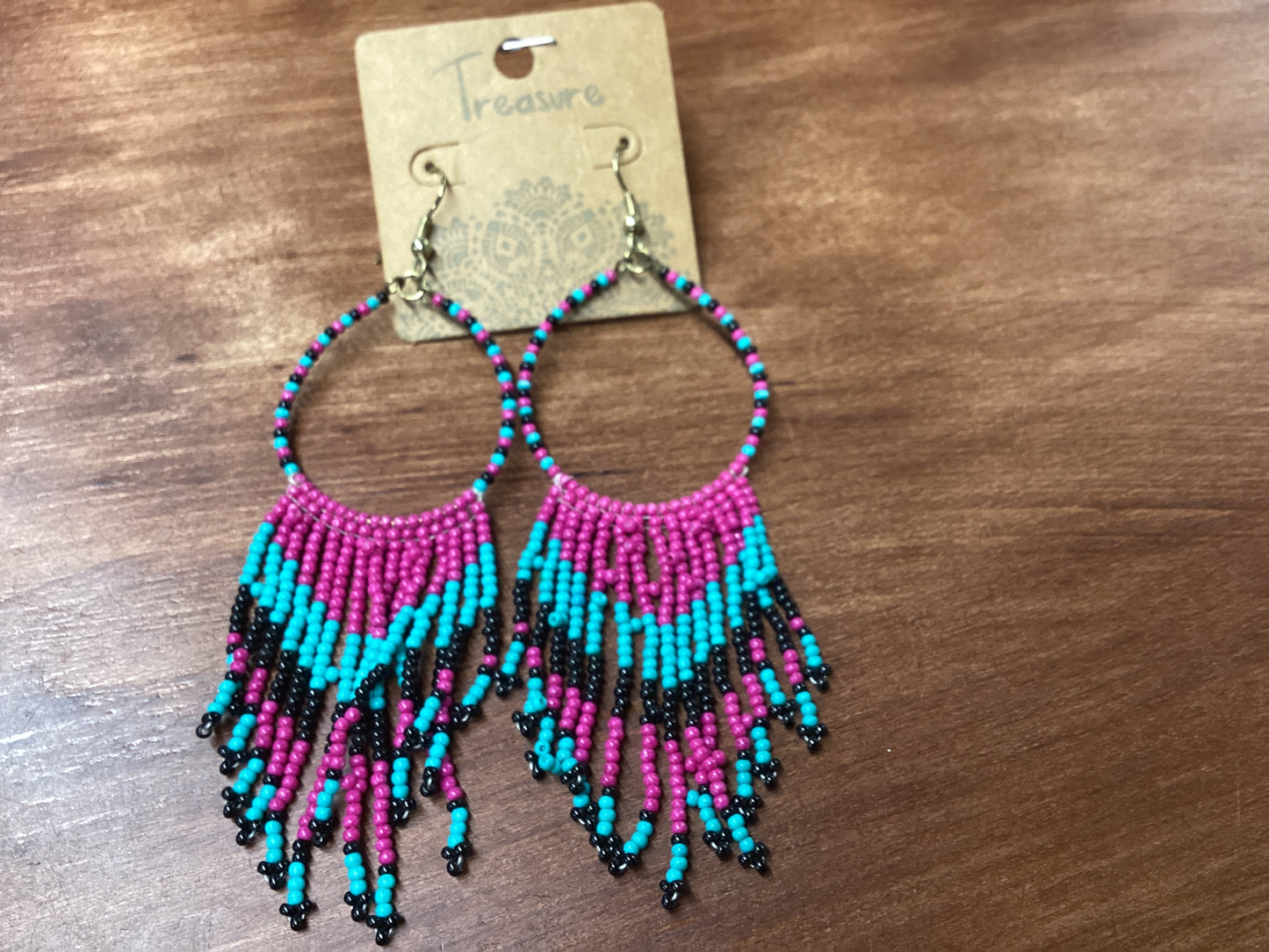 Pink, turquoise, black beaded earrings