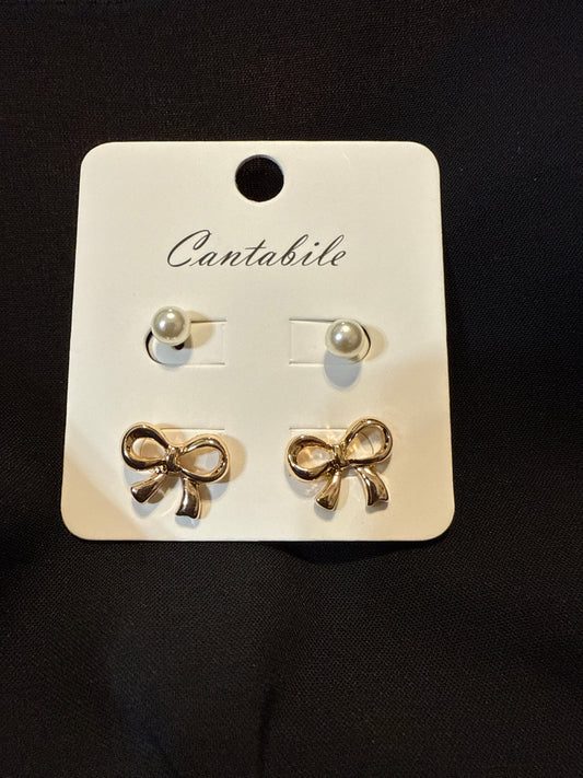 Cantabile Pearl and Bow Earring Set Gold Or Silver E30568GD E30568RH