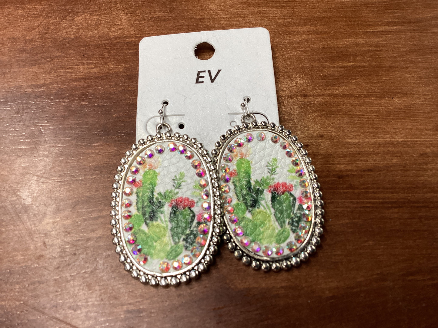 Silver oval earrings w/painted cactus