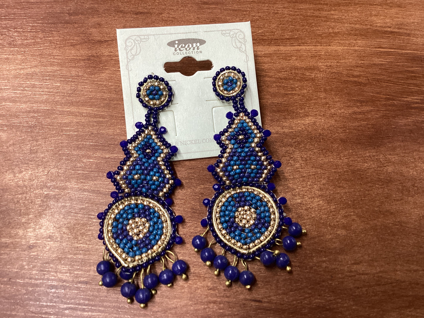 Blue, gold seed beads cow dangle earrings